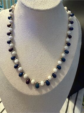Blue Cultured Pearls with white MOP Beaded Teardrop Necklace 18”.